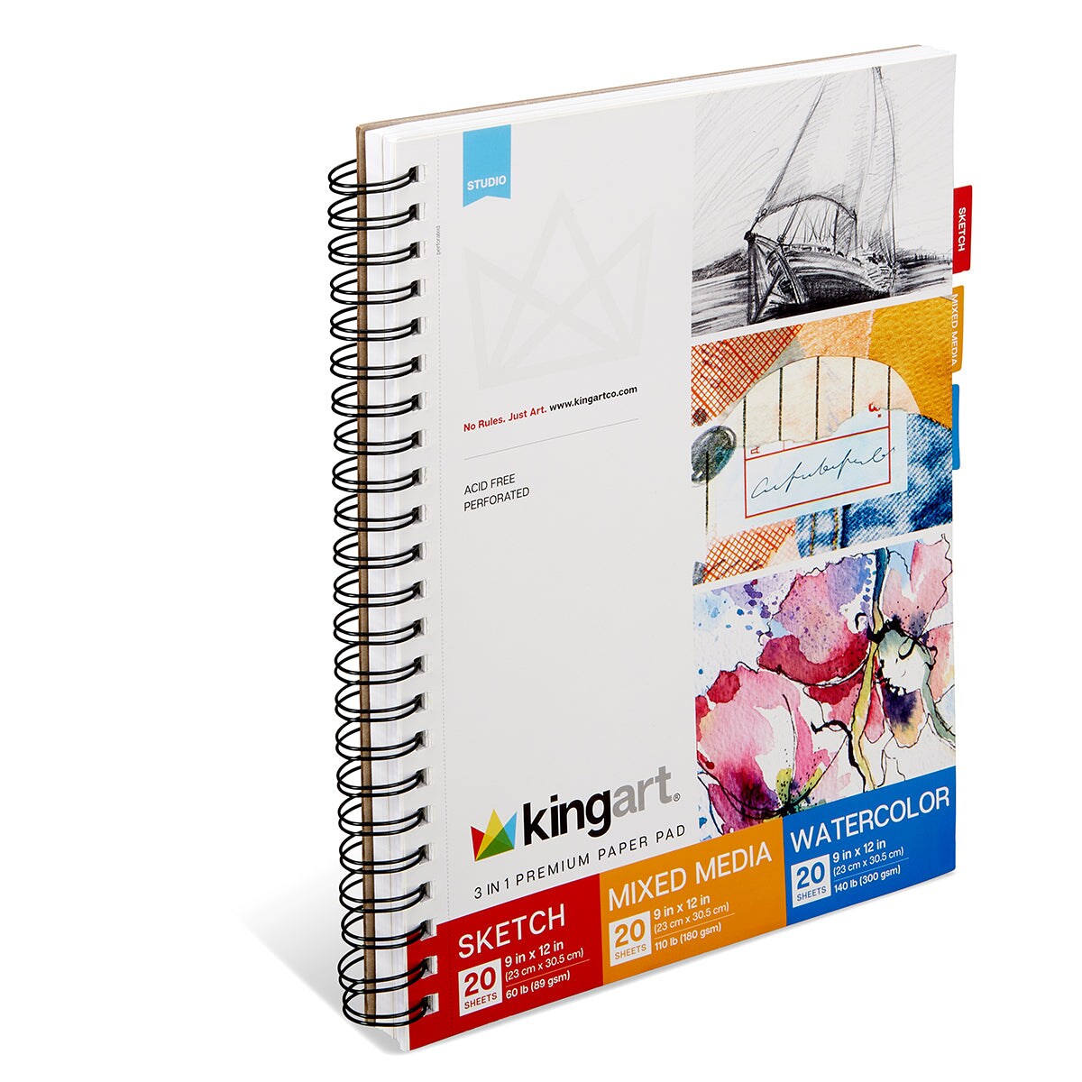 KINGART&#xAE; Paper Pad 3-in-1, Sketch, Mixed Media, &#x26; Watercolor, 9&#x201D; X 12&#x201D;, 60-Sheets