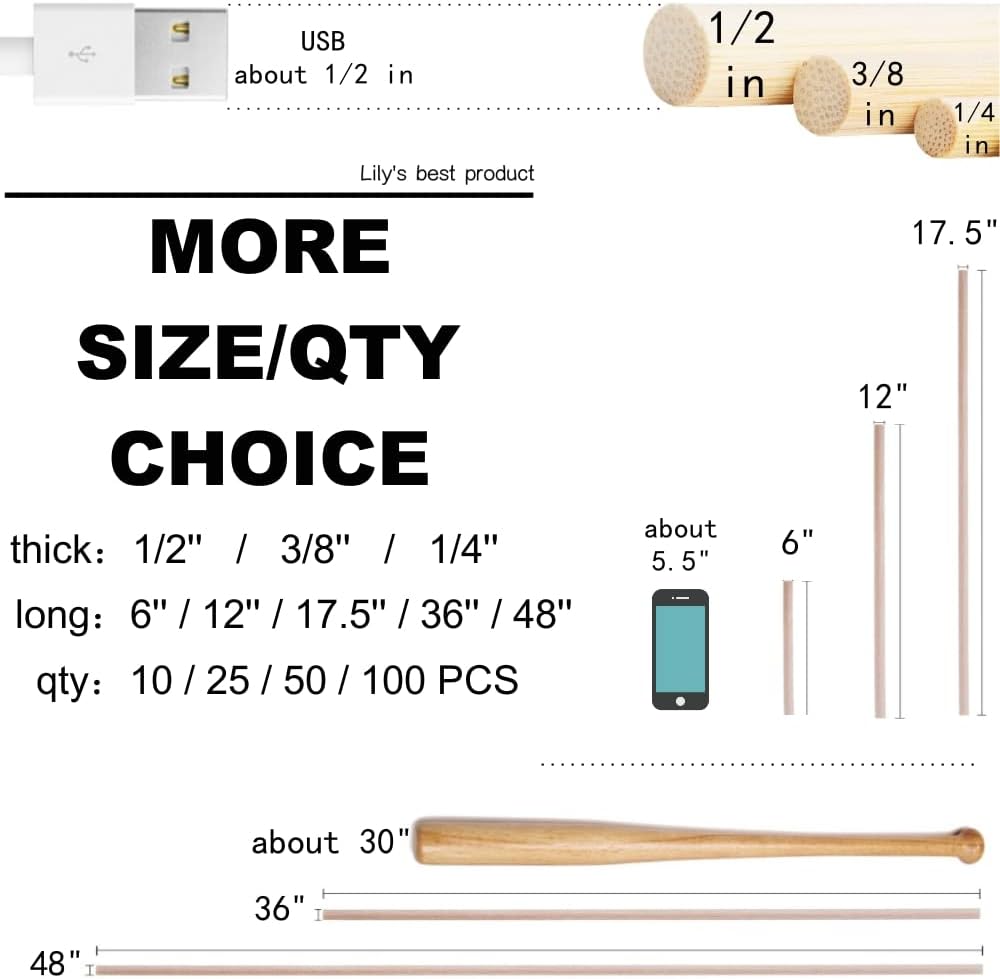 10 Wooden Dowel Rods – 3/8"x17.5" Bamboo & Hardwood Sticks for Crafts & DIY Projects
