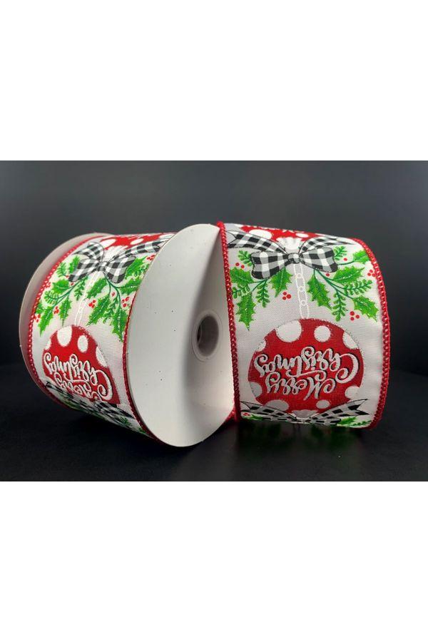 2.5&#x22; Christmas Ornament Holly Ribbon: White &#x26; Red (10 Yards)