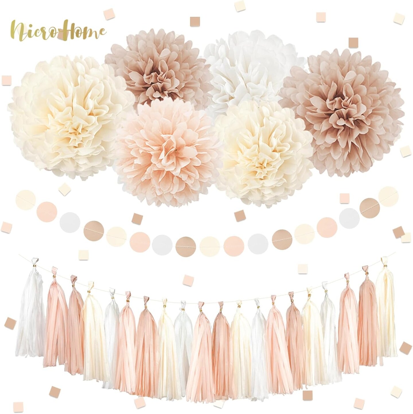 Boho Wedding &#x26; Baby Shower Decorations, 28PCS Creamy White Tissue Paper Pom Poms, Tassels &#x26; Dots Paper Garland, Perfect for Bridal Showers, Birthdays &#x26; More