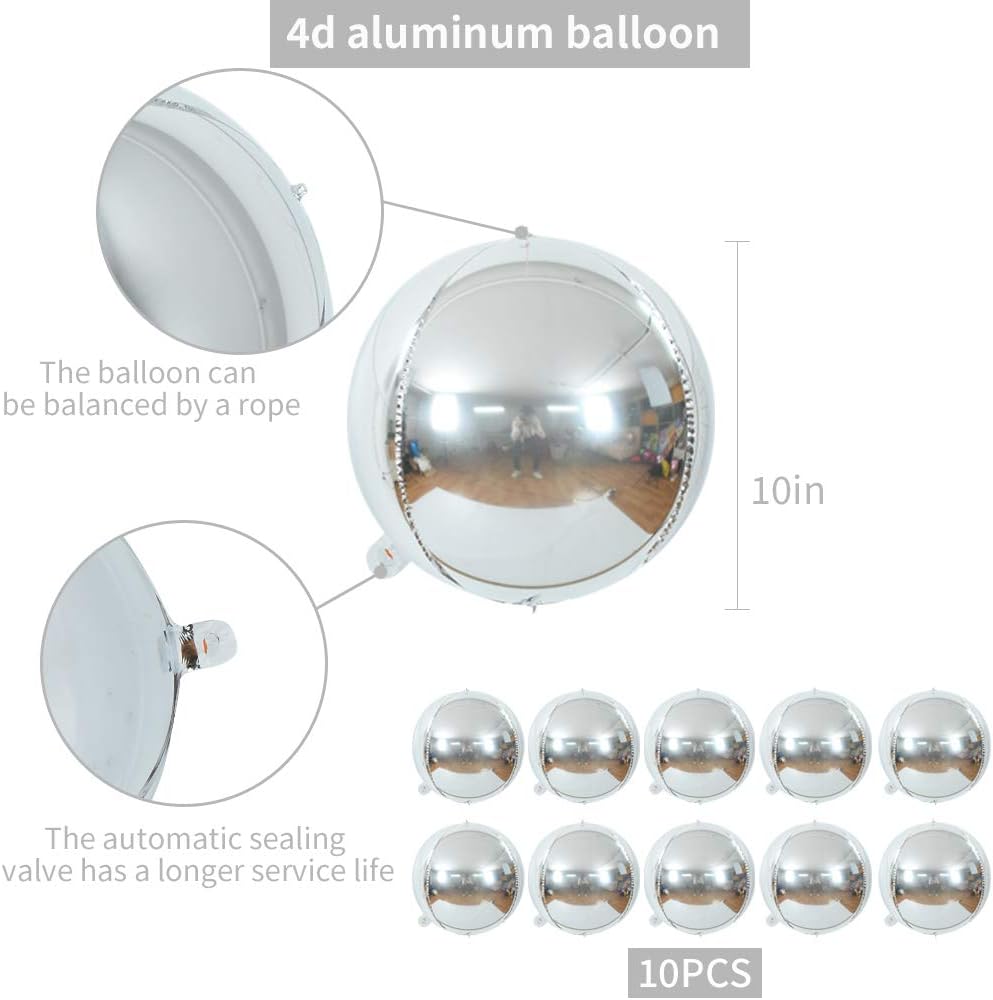 10 pcs Silver 4D balloon, 10 inch Foil Mylar Sphere Balloon for Birthday Party,Wedding,Valentine&#x27;s Day, Christmas,Baby Shower Decoration Supplies