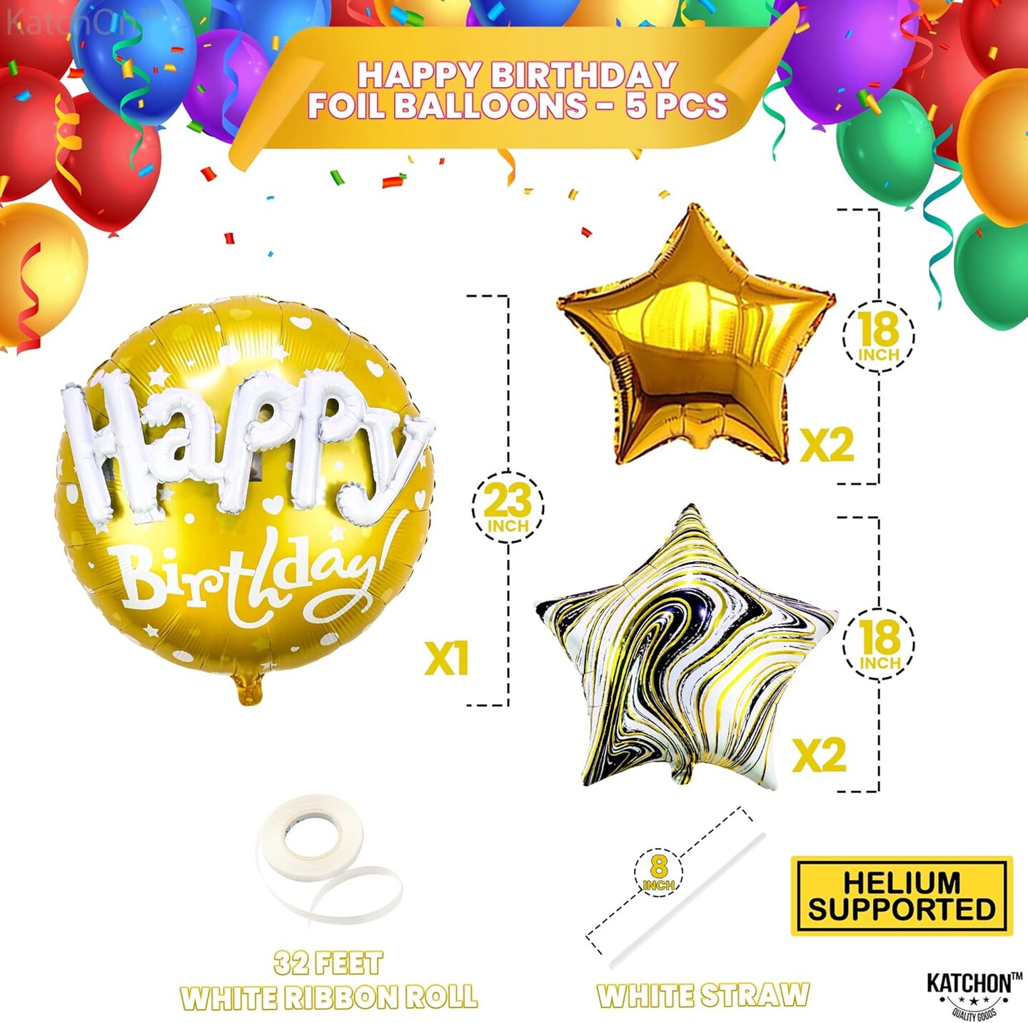 Gold Happy Birthday Balloon Set - 23 Inch, Big, Pack of 5 | Happy Birthday Mylar Balloons, Golden Birthday Balloons | Gold Star Balloons, Gold Foil Balloons | Black And Gold Party Decorations