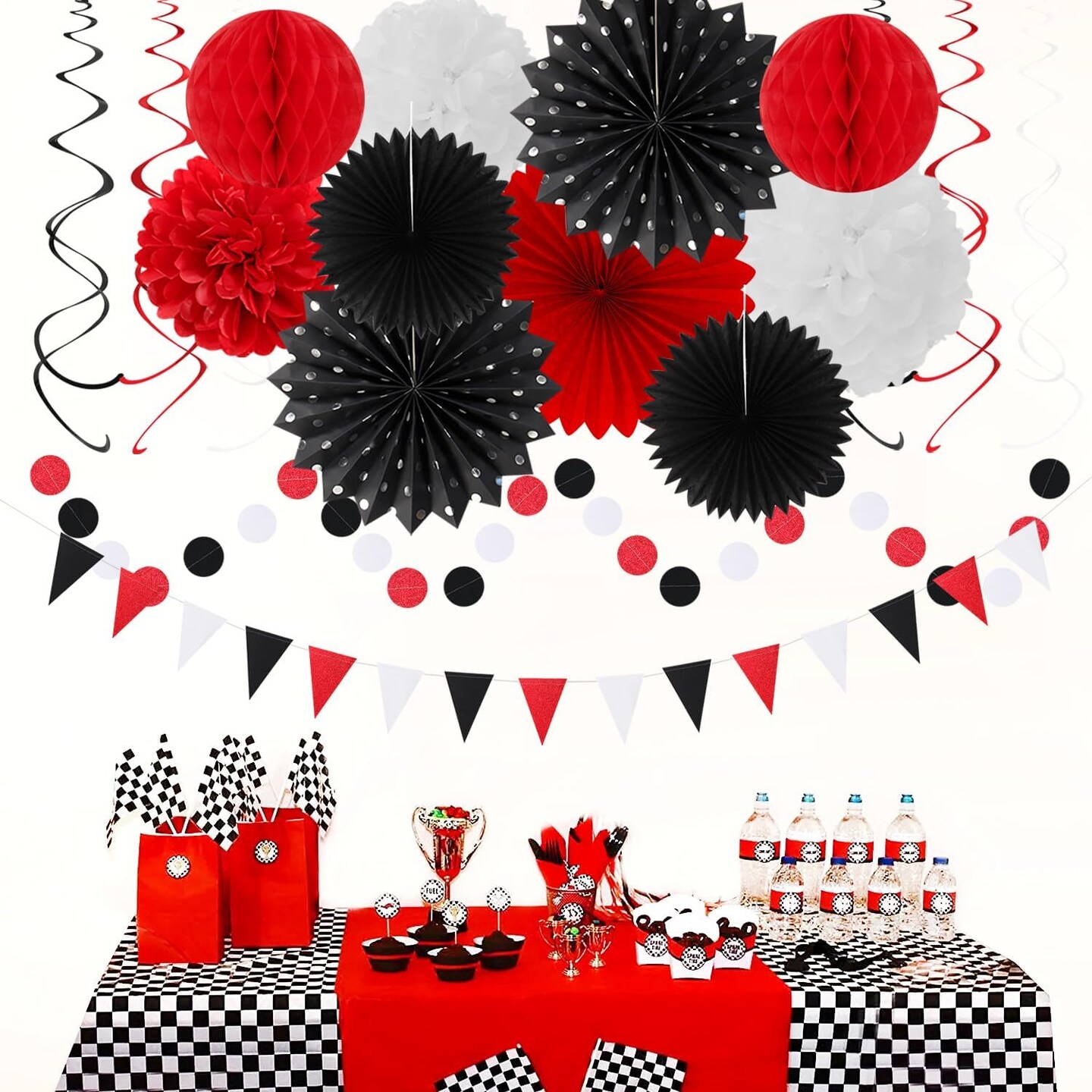 Black White Orange Halloween Party-Decorations - 33pcs Birthday Banner,Streamers Tassel Garland,Paper Lantern Fans,Tissue Pom Poms,Bachelorette Baby Bridal Shower Graduations Backdrop Decor