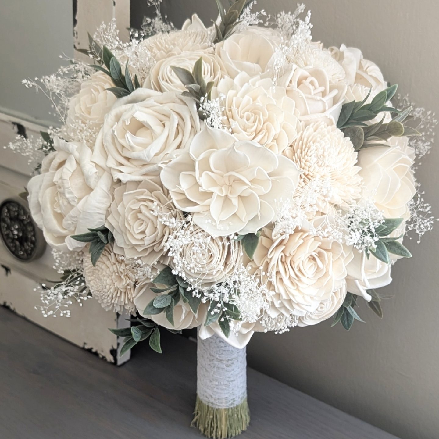 Ivory Sola Wood Flower Bouquet with Baby's Breath and Greenery