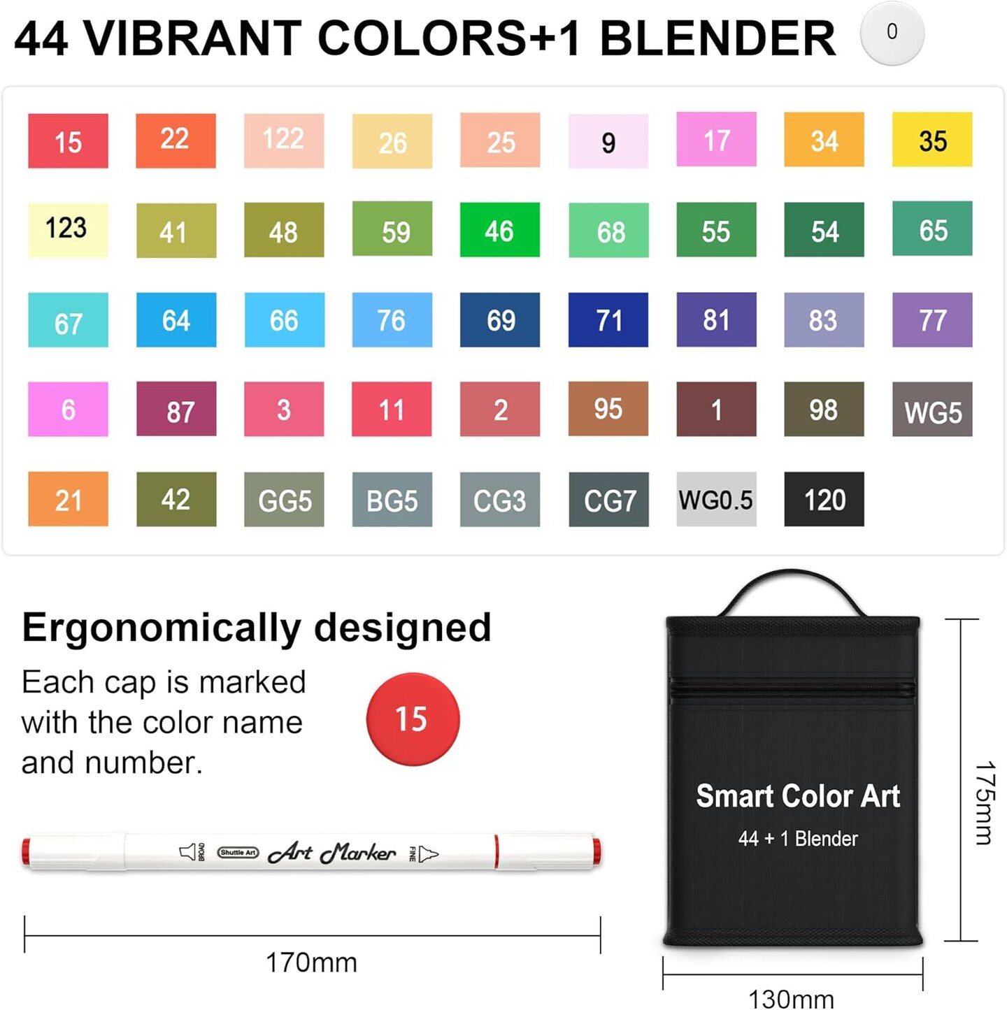 Smart Color 45-Color Dual-Tip Alcohol Marker Set – Includes Blender & Case for Sketching & Coloring