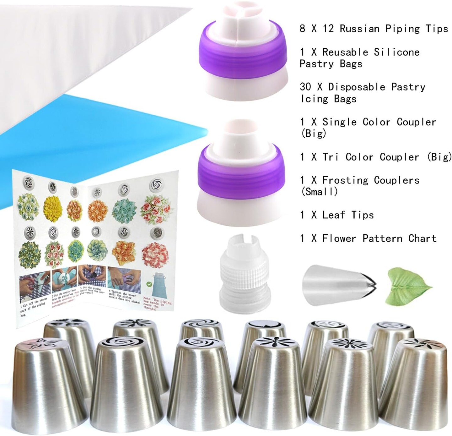 Russian Piping Tips Set, 48PCS Flower Piping Tips for Cake Decorating Large Frosting Piping Kit Icing Bags and Tips Set, Pastry Bags and Tips Cupcake Decorating Kit Cookie Baking Supplies and Tools