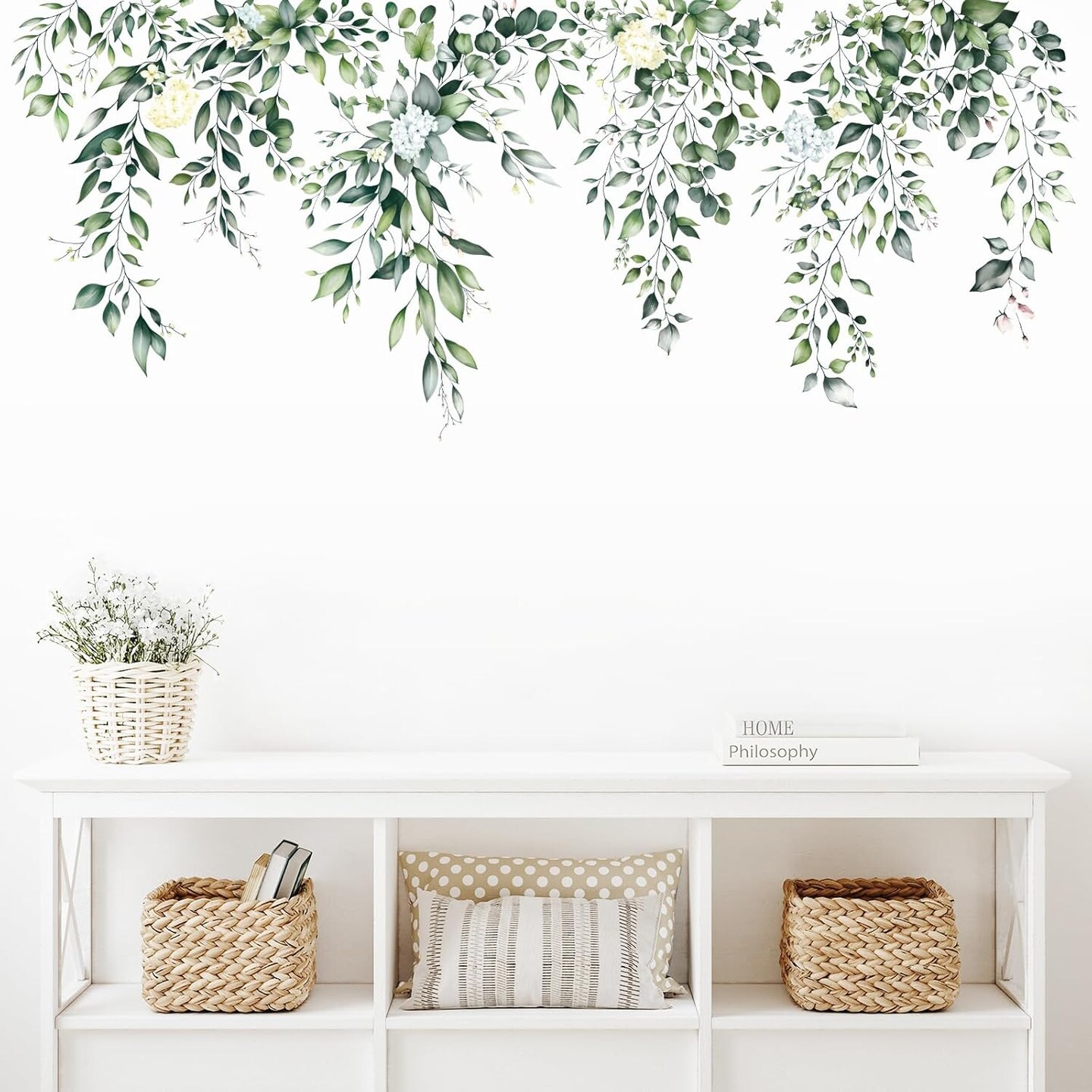 Green Leaves Wall Decor Hanging Vine Flower Wall Stickers Floral Wall Decals Plant Wall Art Spring Home Decorations for Living Room TV Background Nursery Girls Bedroom Office Classroom