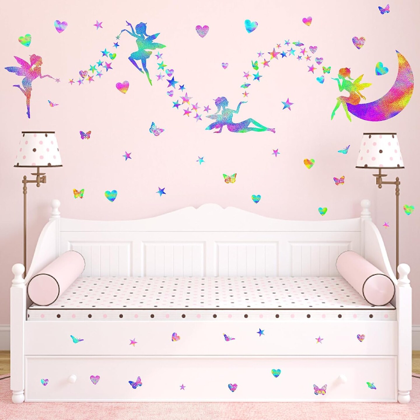 Colorful Fairy Wall Stickers Cute Heart Wall Stickers Butterfly Star Wall Stickers Girly Wall Decals Peel and Stick Pink Purple Fairy Wall Decals for Girls Bedroom Nursery Decor