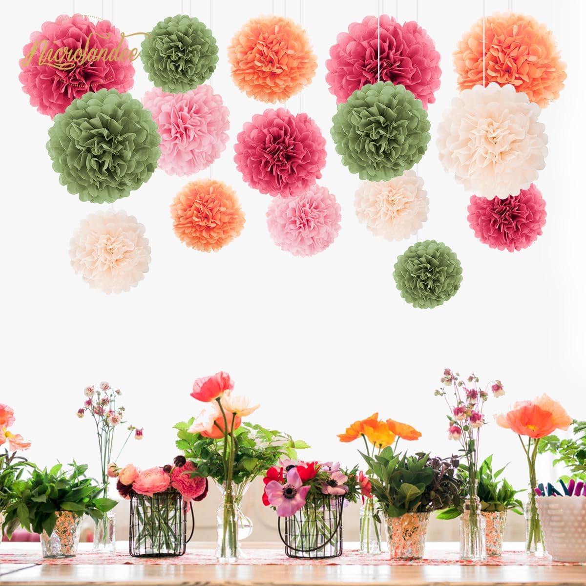 Wedding Party Decorations - 16Pcs Pink, Sage Green, Ivory Tissue Paper Pom Poms for Birthday, Engagement, Baby/Bridal Shower, Anniversary, Pastel Party, Festival Decorations
