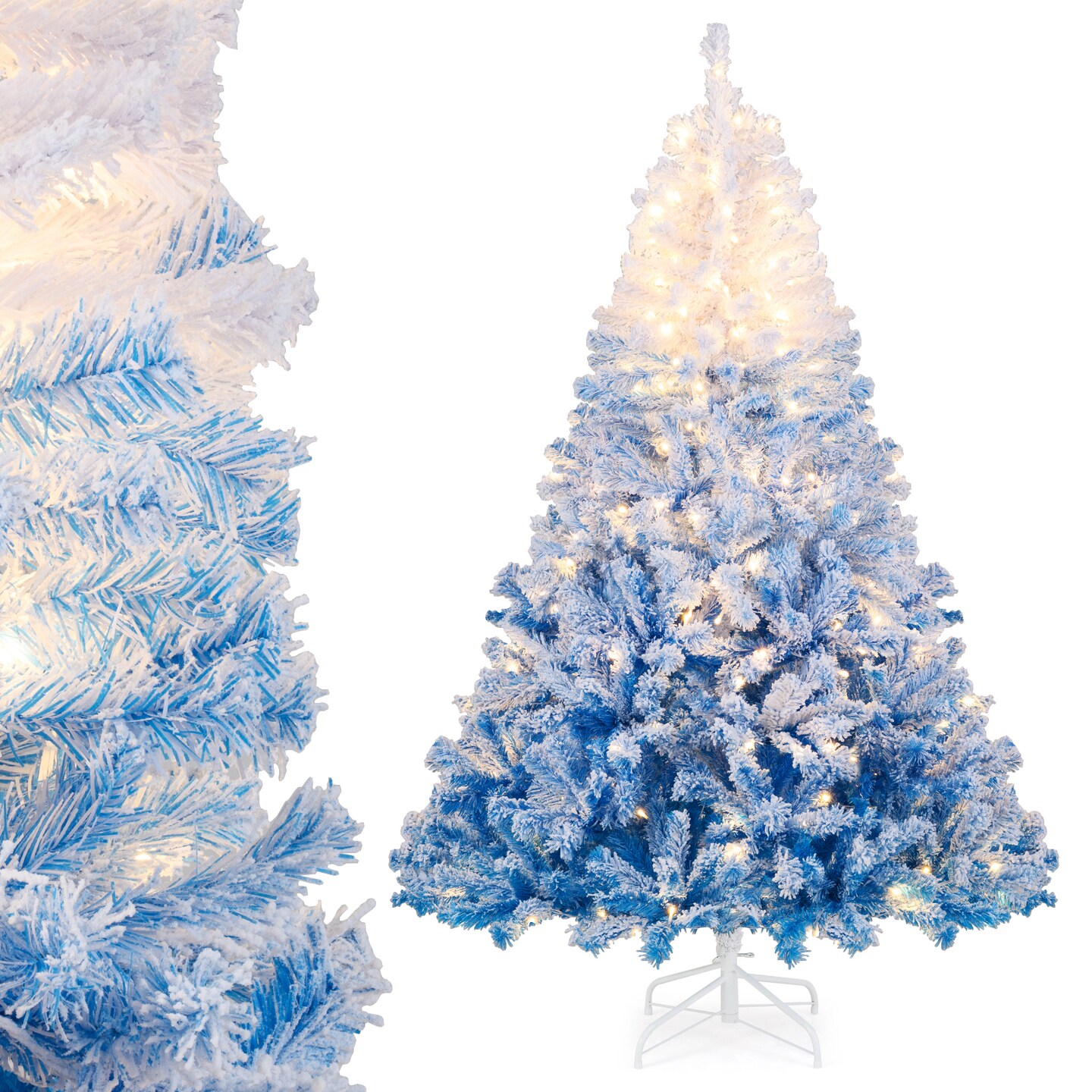 Pre Lit Christmas Tree White Blue Gradient Snow Flocked LED Lights
