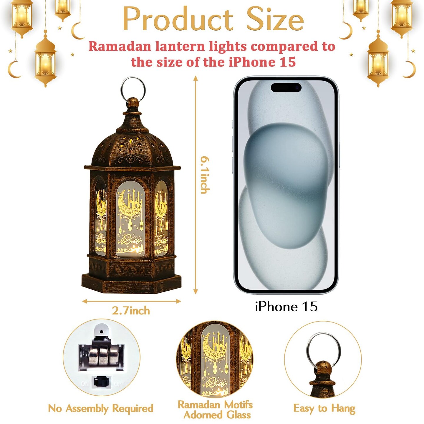 Ramadan Decorations, Ramadan Lantern Lights with Islamic Moon Star Decorations, Mini LED Hanging Lantern Decor, Eid Mubarak Decorations for Home Table Fireplace, Ramadan Eid Gifts 2 Pack