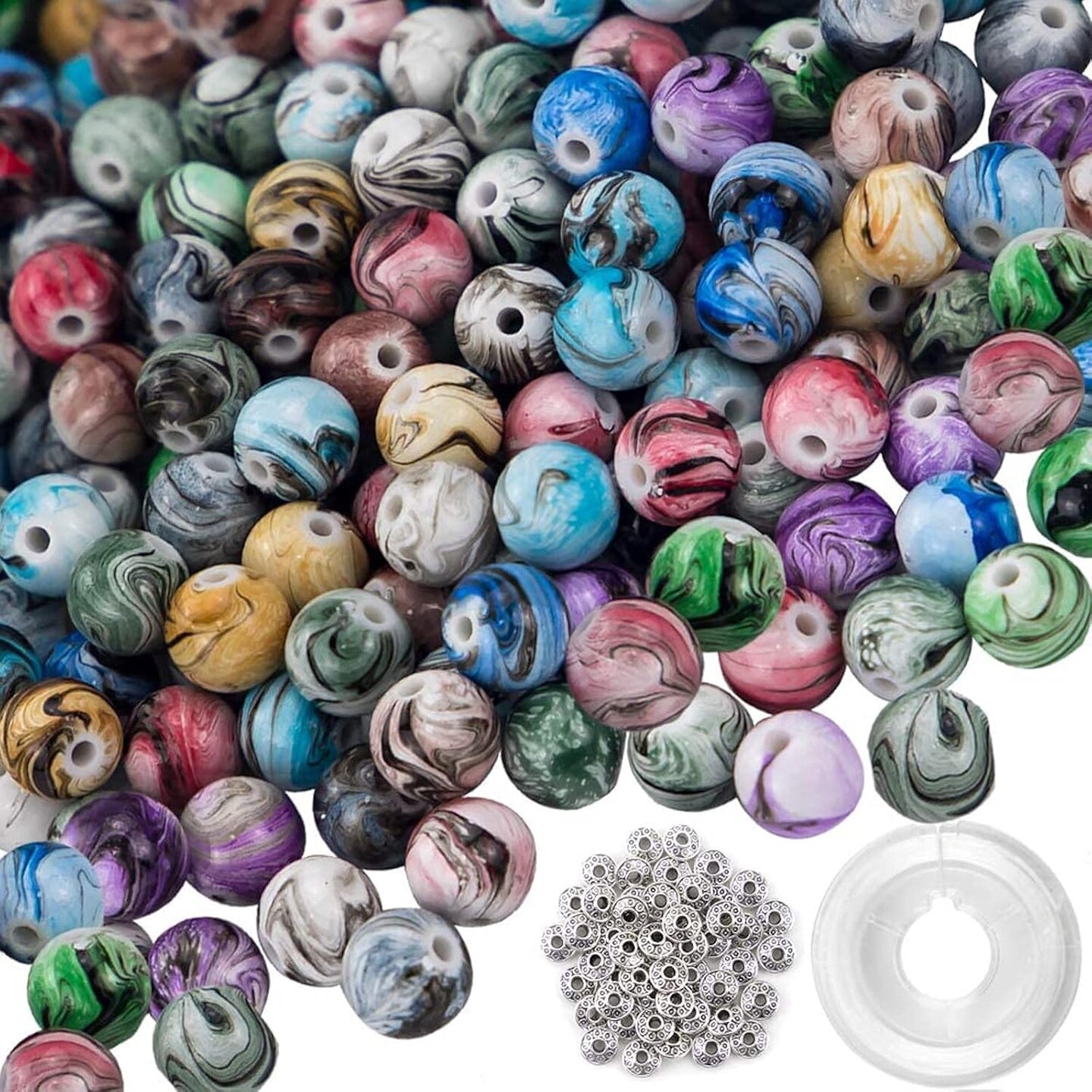 500pcs Craft Beads for Jewelry Making, for Bracelets Making,Space Acrylic Beads in Ink Patterns with 50pcs Spacer Beads and Crystal String