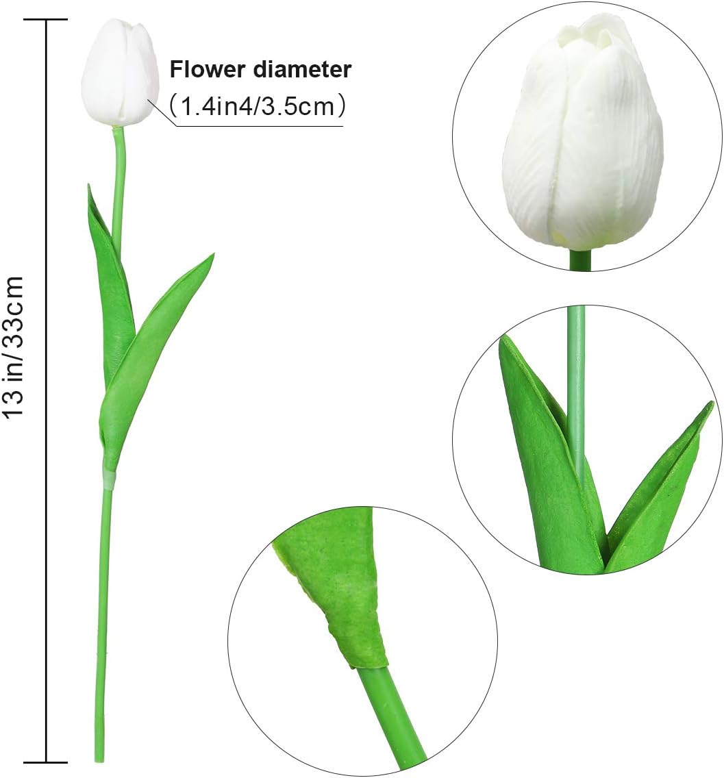 24 Pcs Artificial Silk White Tulips Faux Flowers with Stems for Home Wedding Hotel Office Centerpiece Decor Easter Decorations
