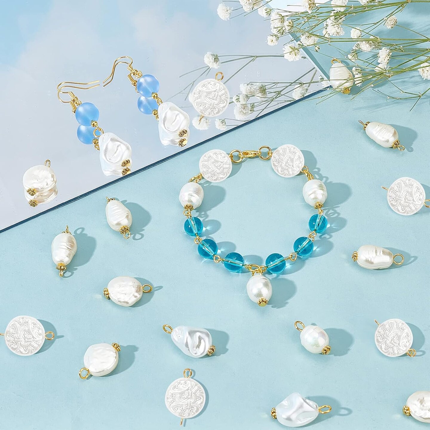 80Pcs Pearl Pendant Connectors, 8 Style Irregular Pearl Bead Links White ABS Plastic Pearl Bead Pendants Pearl Acrylic Links with Golden Pins for Earring Bracelet DIY Jewelry Making
