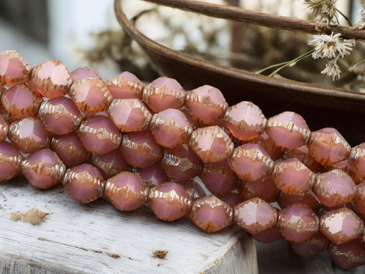 *15* 8x10mm Pink Opaline Picasso Faceted Bicone Beads