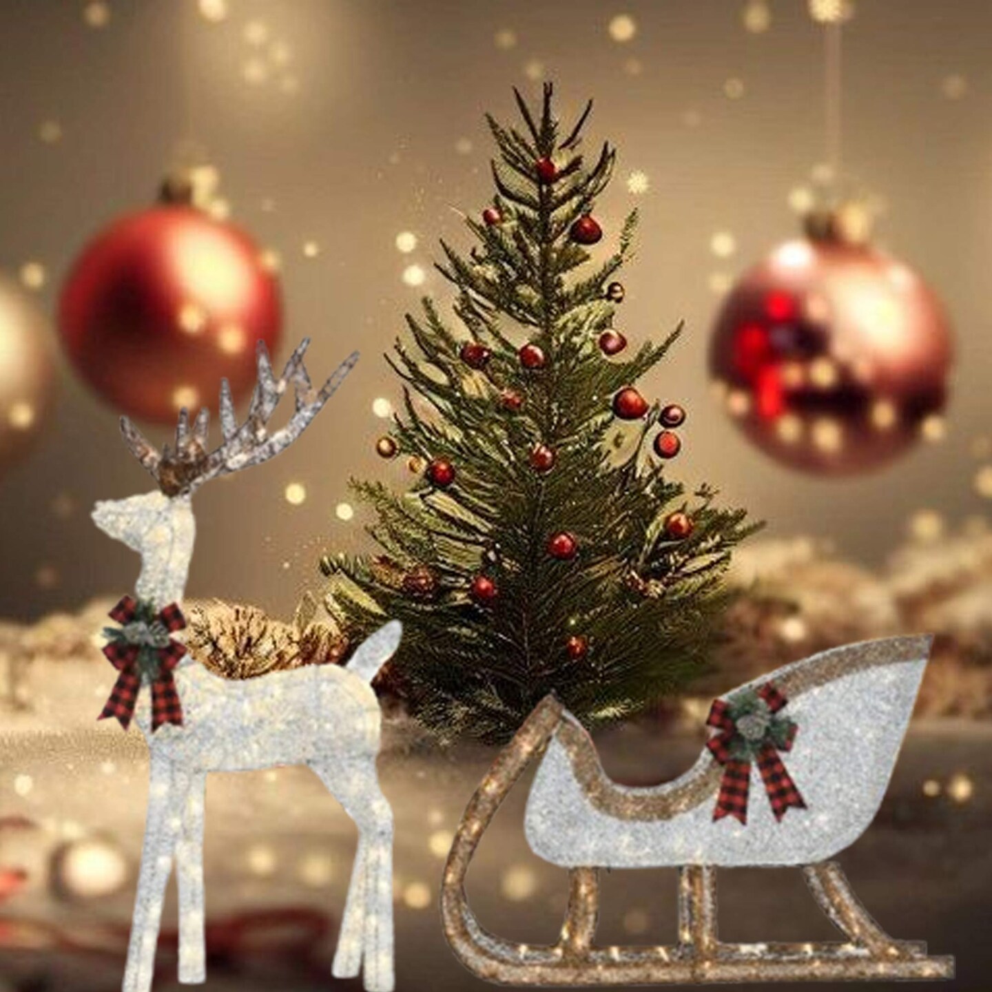 48"H Silver Deer with 38"L Sleigh Lighted Outdoor Christmas Display
