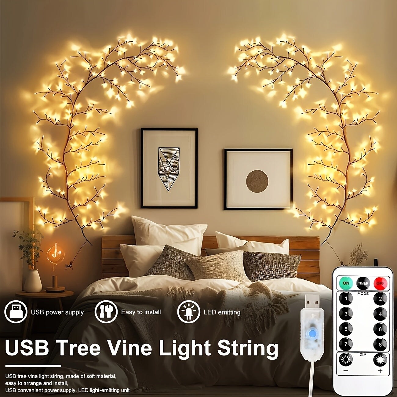 8-Branch Flexible Rattan Wall Light - 96 LED USB-Powered Ambiance 2 PCK
