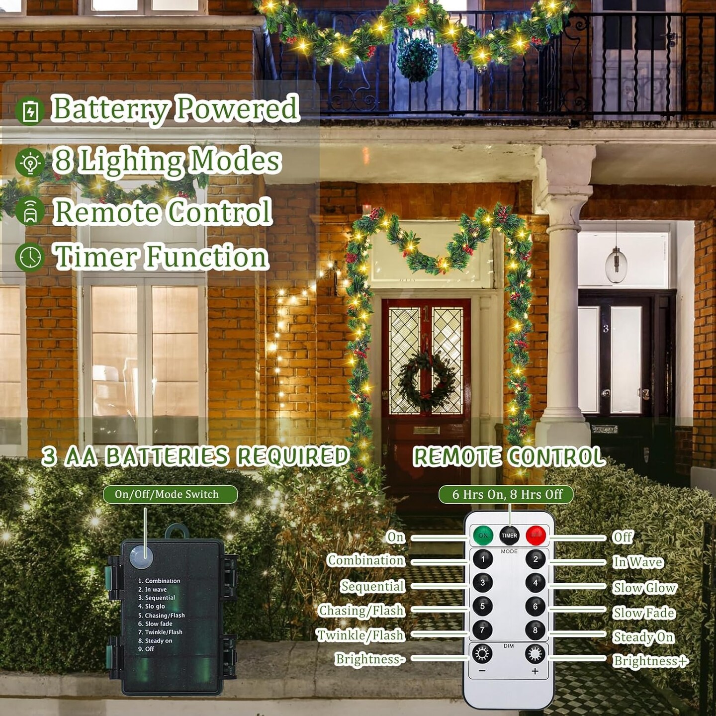 2 Pcs 12 ft Prelit Christmas Garland Lighted Holly Berries