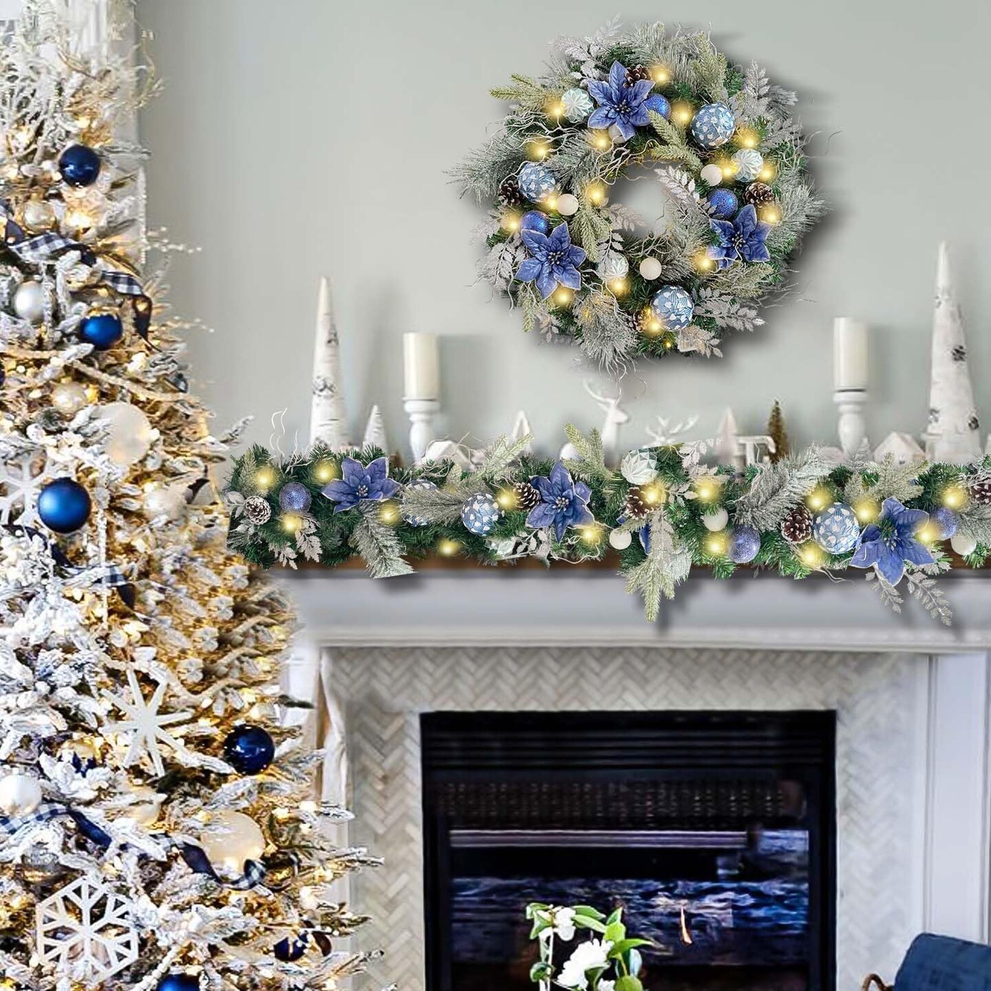 Pre-Lit 24 Inch Christmas Wreath for Front Door Silver Blue Lighted Christmas Wreath (01-sliver Blue) 18.5 x 18.03 x 5.12