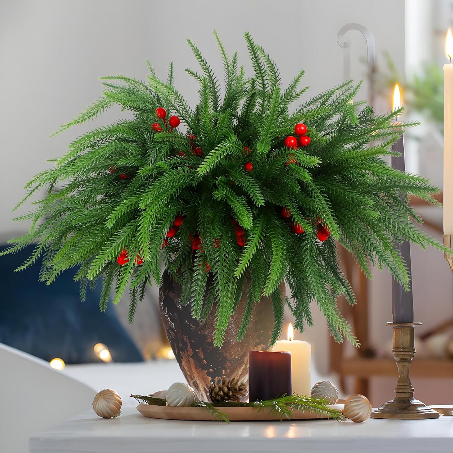 12Pcs Christmas Norfolk Pine Stems with Red Berries (Red Berries) 14"D x 6"W x 5"H