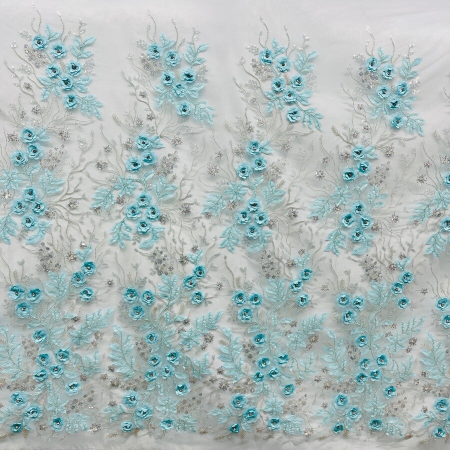 1 Yard Beaded 3D Floral Lace Fabric Embroidered on 100% Polyester Net Mesh