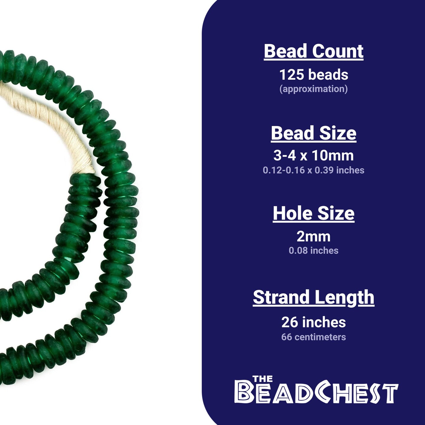 The Bead Chest African Disk Recycled Glass Beads - Full Strand of Eco-Friendly Ghanaian Rondelle Beads (Emerald Green)