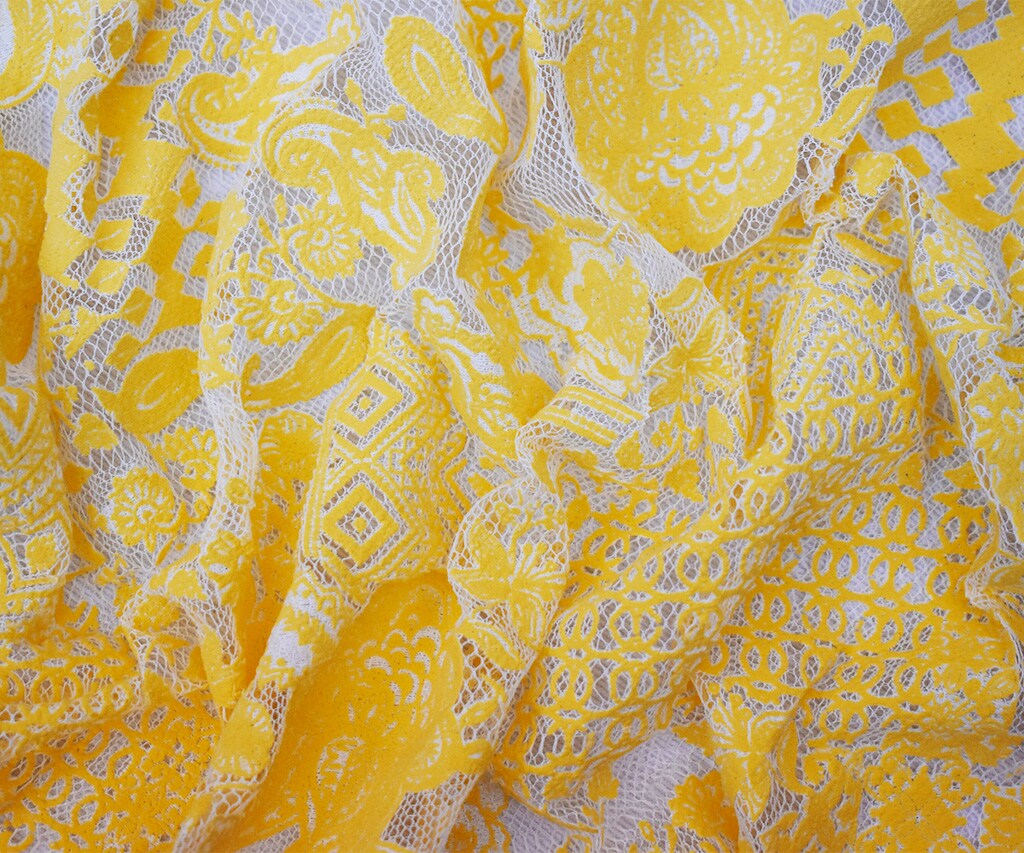 White-Yellow Cotton Nylon Floral Multi Pattern Printed Crochet Lace Knit Fabric By the Yard