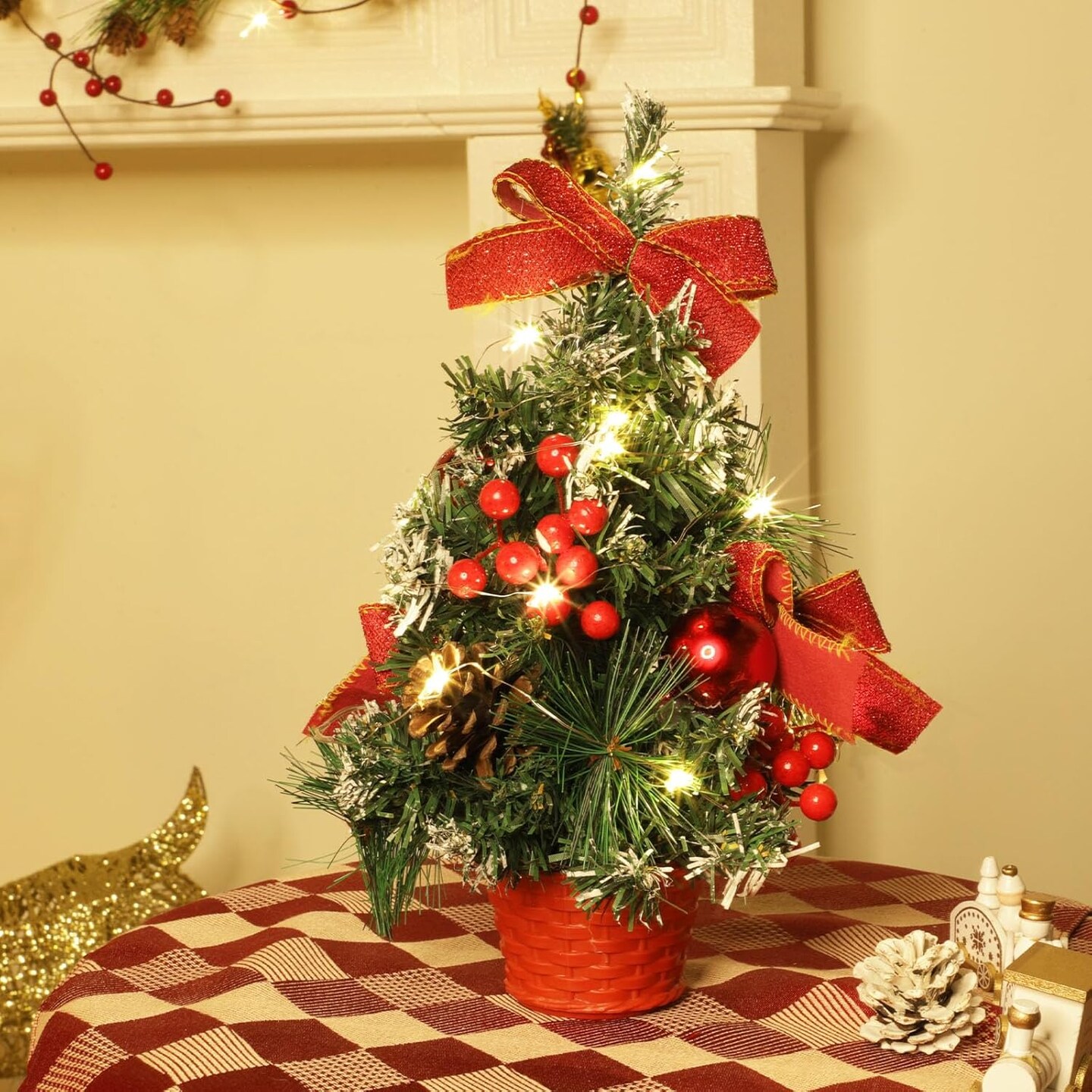 4 Pack 12 Inch Mini Christmas Trees with Lights Table Top (Green and Red) 6.3&#x22;D x 6.3&#x22;W x 12&#x22;H