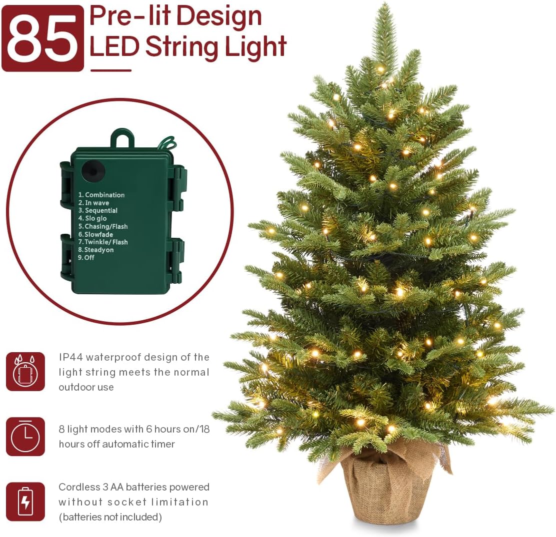 3ft Pre-Lit Premium Artificial Mini Christmas Tree with 85 LED Lights (Green) 24"D x 24"W x 36"H