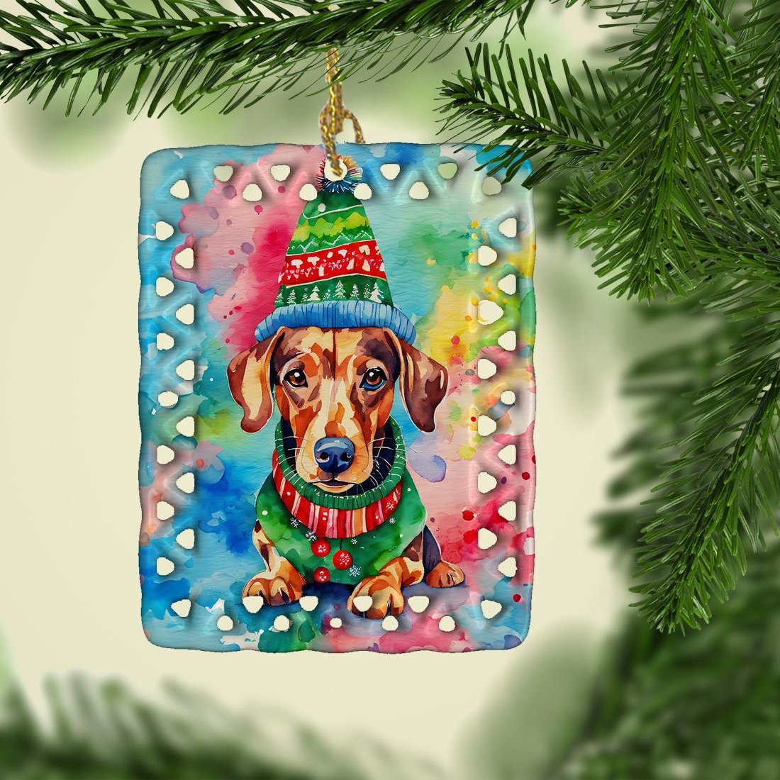 Edge Collections - 2.80" X 0.15" - Multicolor - Hand-Painted Dachshund Christmas Ornament - 1 Piece