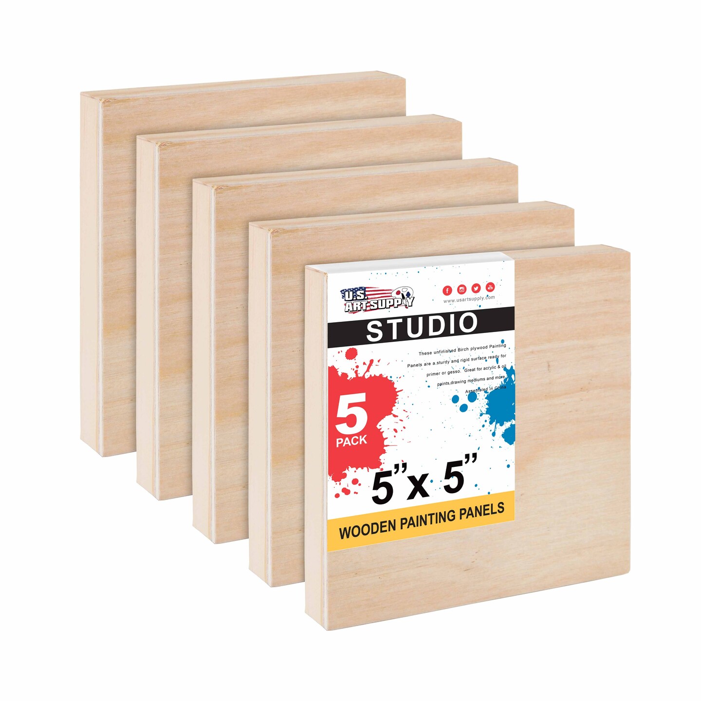 Unfinished Cradled Wood Panels for Painting, 5 Pack of 5x5 inch - Studio Birch Wooden Canvas Boards 3/4&#x22; Deep - Mixed-Media Craft, Acrylic, Oil, Encaustic, Paint Pouring Panel Board