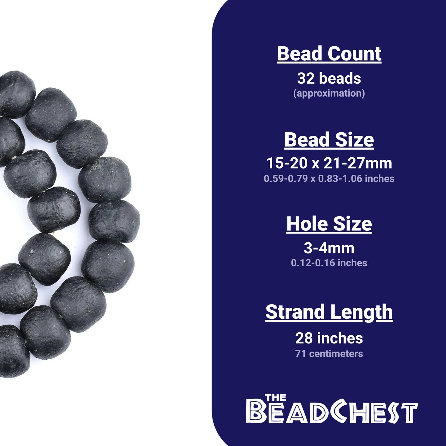 Jumbo Recycled Glass Beads, 21&#x2013;25mm &#x2013; African Sea Glass for Wall Hangings, Coffee Table Decor, Shelf Styling, and Home Accents &#x2013; (Black) &#x2013; The Bead Chest