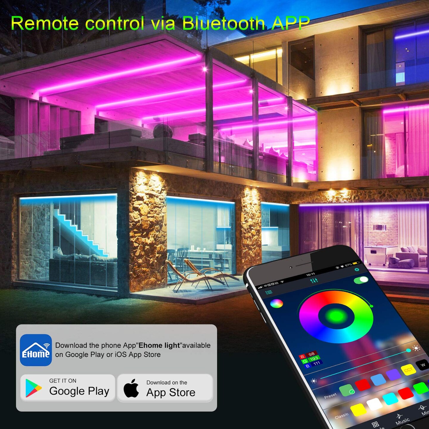 50ft/15M Led Strip Lights, Music Sync Color Changing RGB LED Strip Lights Built-in Mic, Bluetooth app Controlled Rope Lighting for Home Decoration Living Room Kitchen