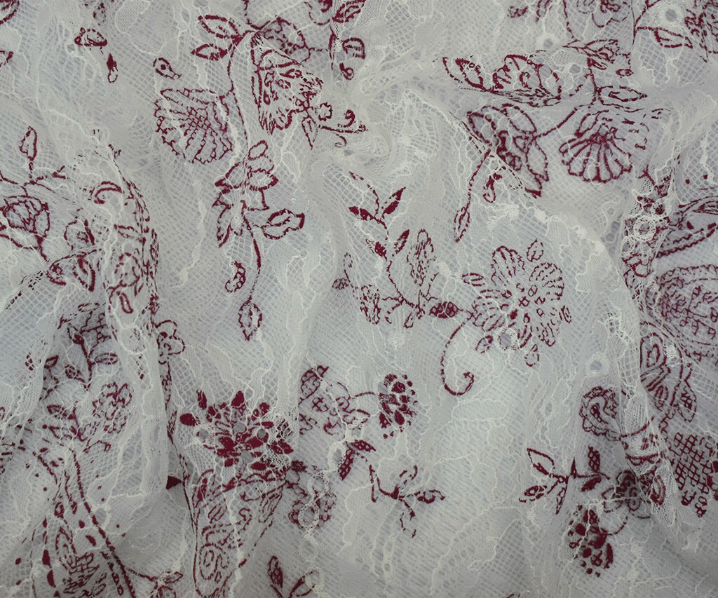 White-Red Nylon Floral Paisley Printed Lace Mesh Knit Fabric By the Yard