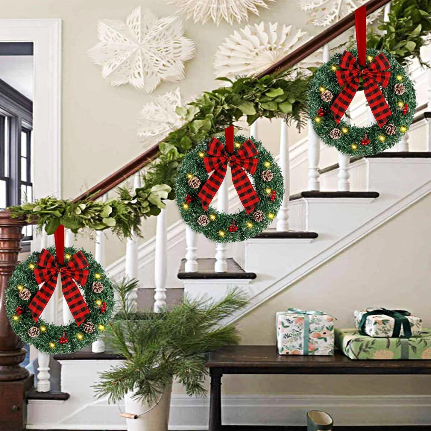 Lighted Christmas Front Door Wreath (Plaid Bow) 1&#x22;D x 13&#x22;W x 13&#x22;H
