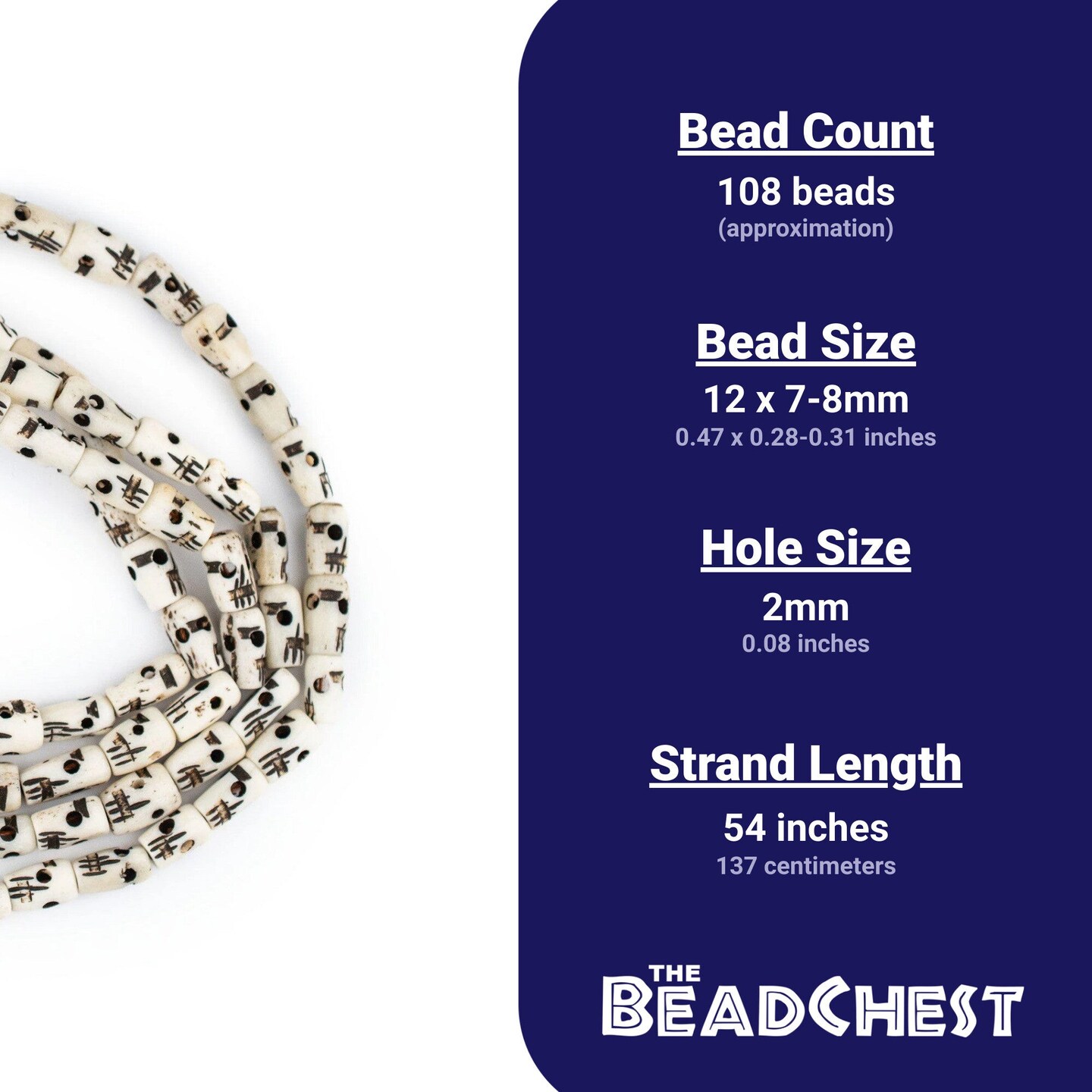 The Bead Chest Carved Bone Skull Mala Beads 12x8mmLong Strand Nepal Black and White Large Hole 54 Inch Strand