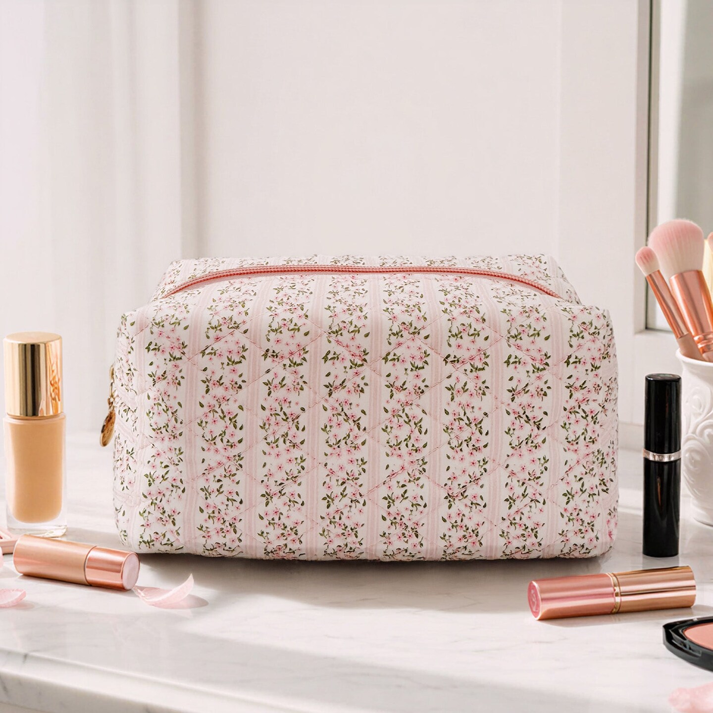 Wrapables Floral Quilted Makeup Bag for Cosmetics, Toiletries, Travel, Petite Pink