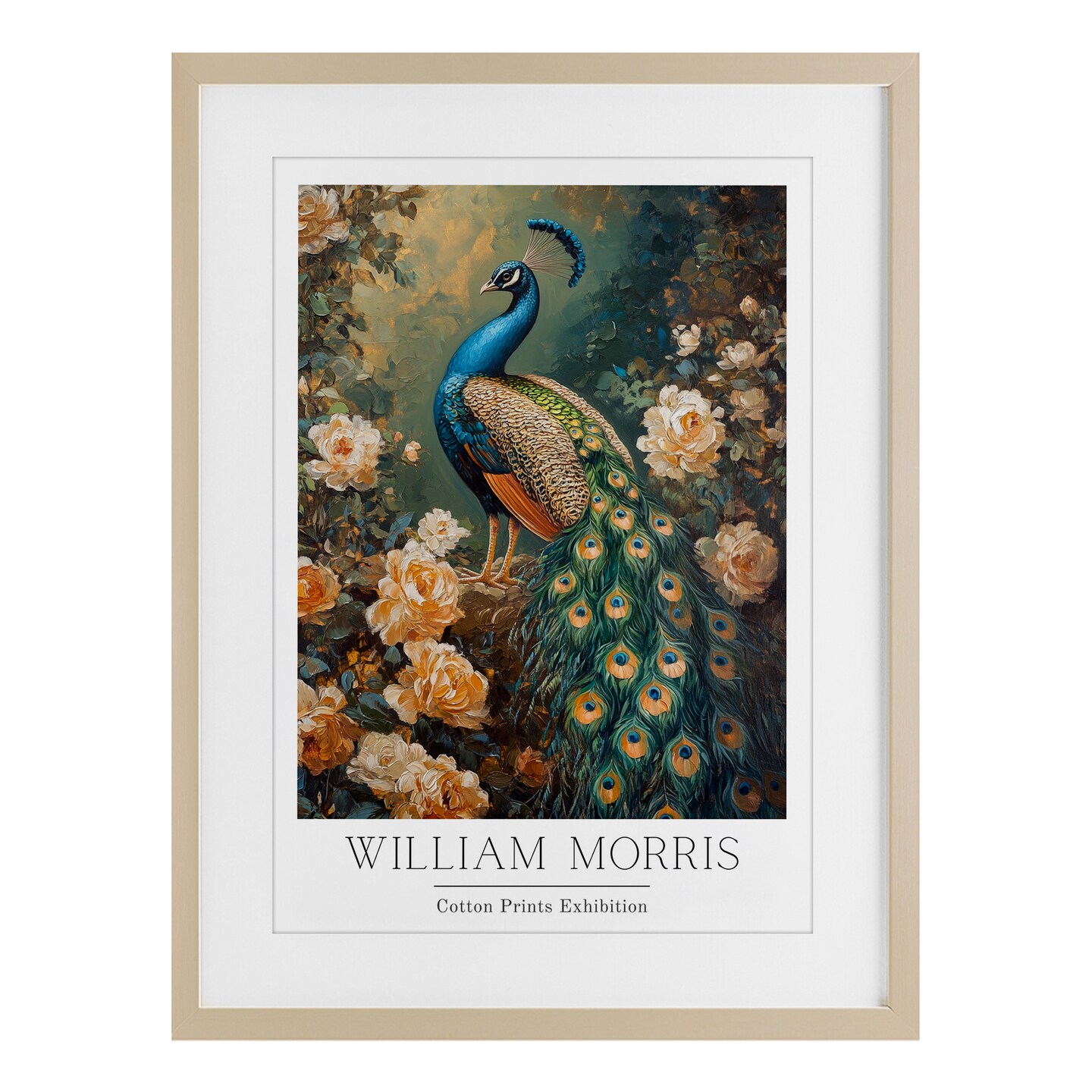 Vintage Morris Inspired Blue Peacock Framed Print Under Glass Art
