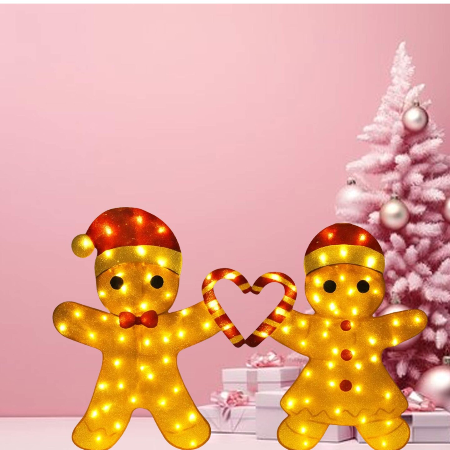 Delightful Light Up Gingerbread Man Couple with Heart-Shaped Candy Cane 32"H