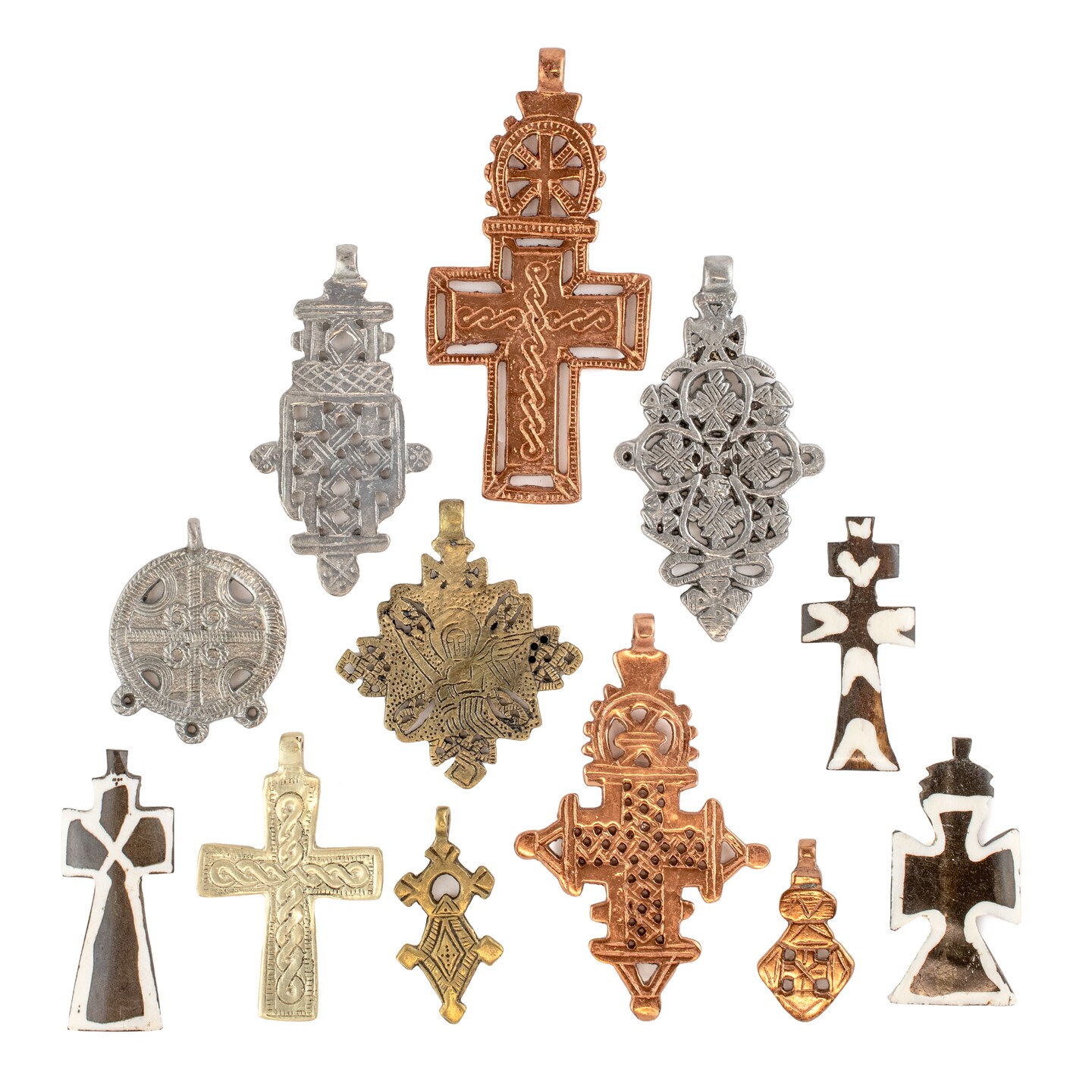 Cross Pendant Bundle – 12-Piece Set | Ethiopian-Inspired Brass, Copper, Silver-Tone & Batik Bone Crosses | Assorted Pendants for Jewelry Making & Crafts | Handmade & Unique Designs