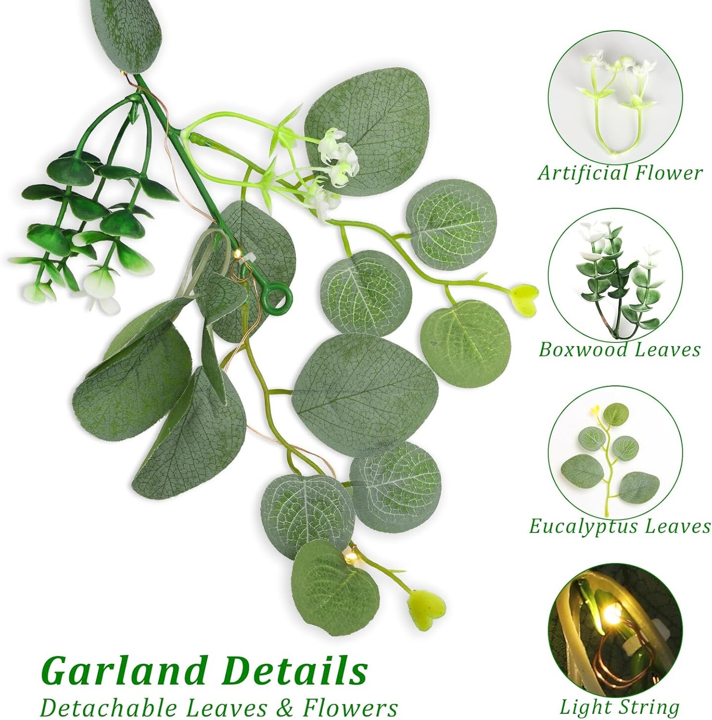 2 Pack Artificial Eucalyptus Garland with Lights (Green)