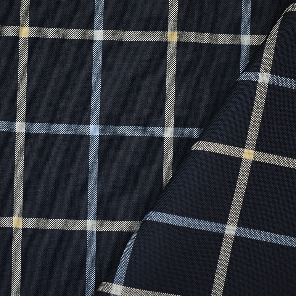 Navy-Light Blue-Beige Poly-Wool Blend Check Shirting Woven Fabric By the Yard