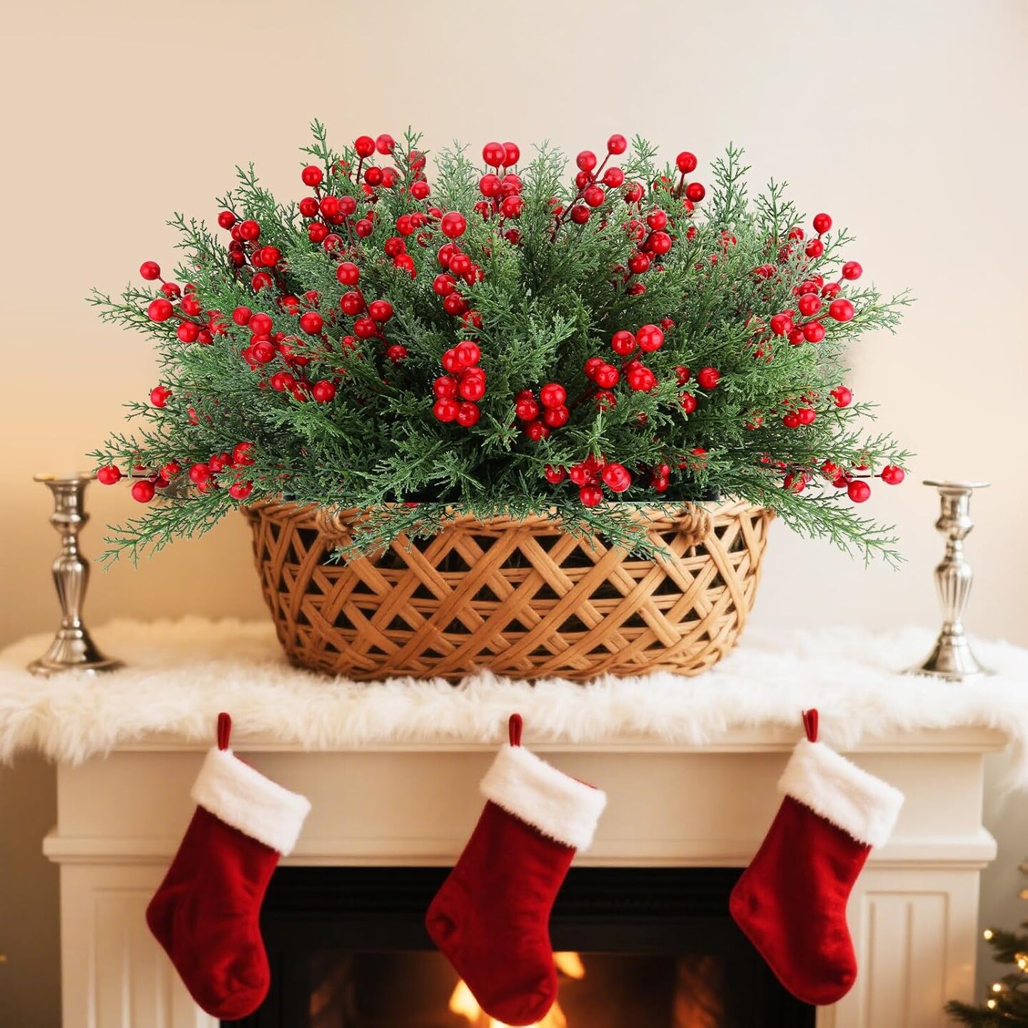 4 Bundles Artificial Christmas Flowers with Red Berry Stems (Green, Red) 7&#x22;D x 9.84&#x22;W x 15&#x22;H