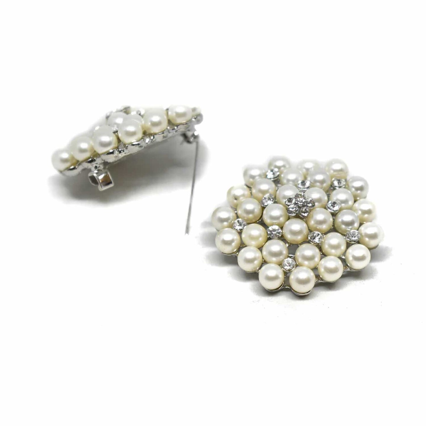 Silver Pearl Brooch Pin With Crystal Flowers For Bridal DIY Crafts 1 3/4 Inch