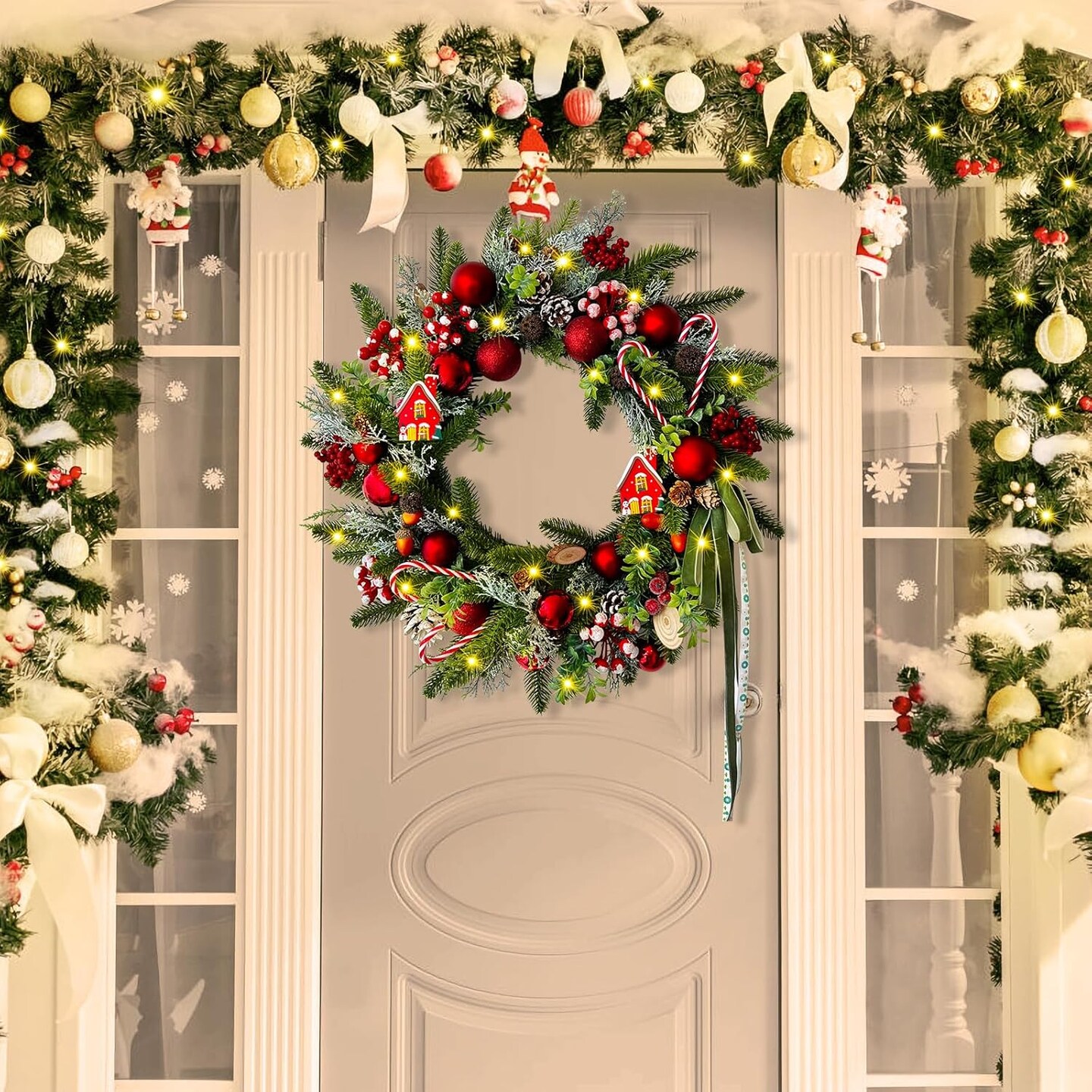 Christmas Wreaths for Front Door with Candy Canes Christmas Ball Ornaments (Red) 8&#x22;D x 20&#x22;W x 20&#x22;H