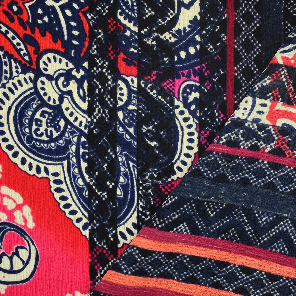 Red-Blue-Multi Paisley Border Printed Dobby Woven Fabric By the Yard