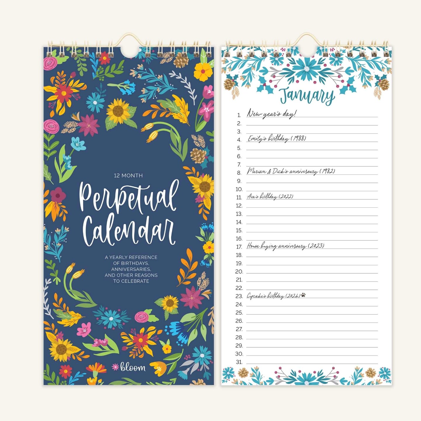 bloom daily planners Perpetual Calendar, 5" x 10", Seasonal Florals