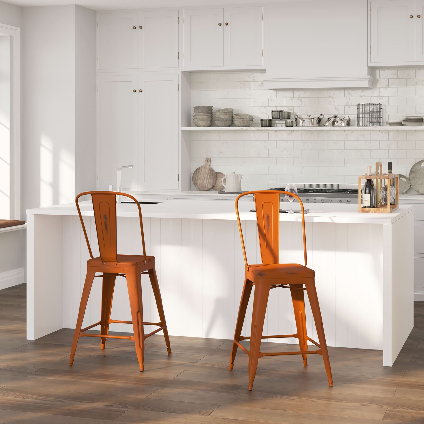 Merrick Lane Sabine Metal Indoor-Outdoor Counter Stool with Vertical Slat Back and Integrated Footrest