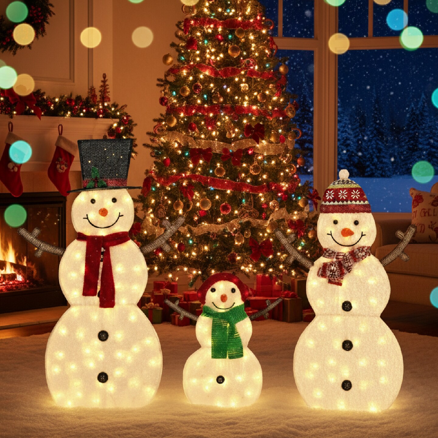 Festive 2D Snowman Christmas Lights Set of 3 Figures 48&#x22;, 42&#x22; and 24&#x22; Holiday Yard Decorations