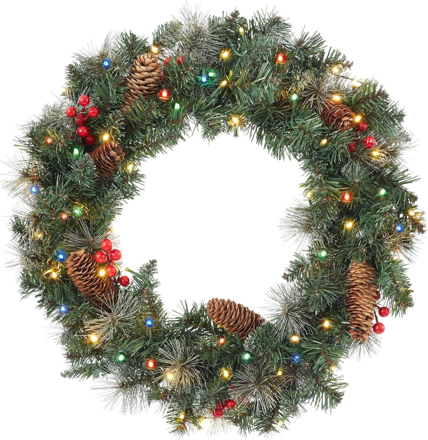 Pre-Lit Artificial Christmas Wreath for Front Door (Green Pinecones White Lights) 2.75"D x 24"W x 24"H